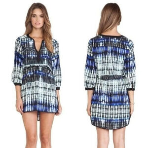 Parker Blue & Black Printed Mallory Long Sleeve Silk Mini Dress S